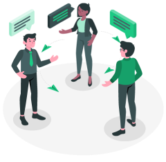 Ilustración de tres empleados BERM compartiendo ideas