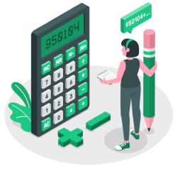 Ilustración de mujer abrazando un lápiz y viendo una calculadora hacindo cálculos BERM
